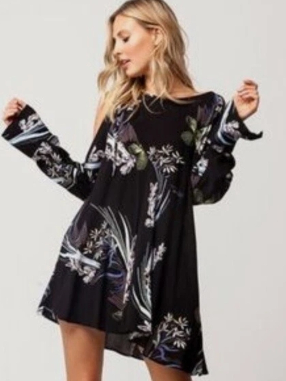 Free People Black Floral Cold-Shoulder Tunic - Picture 2 of 13